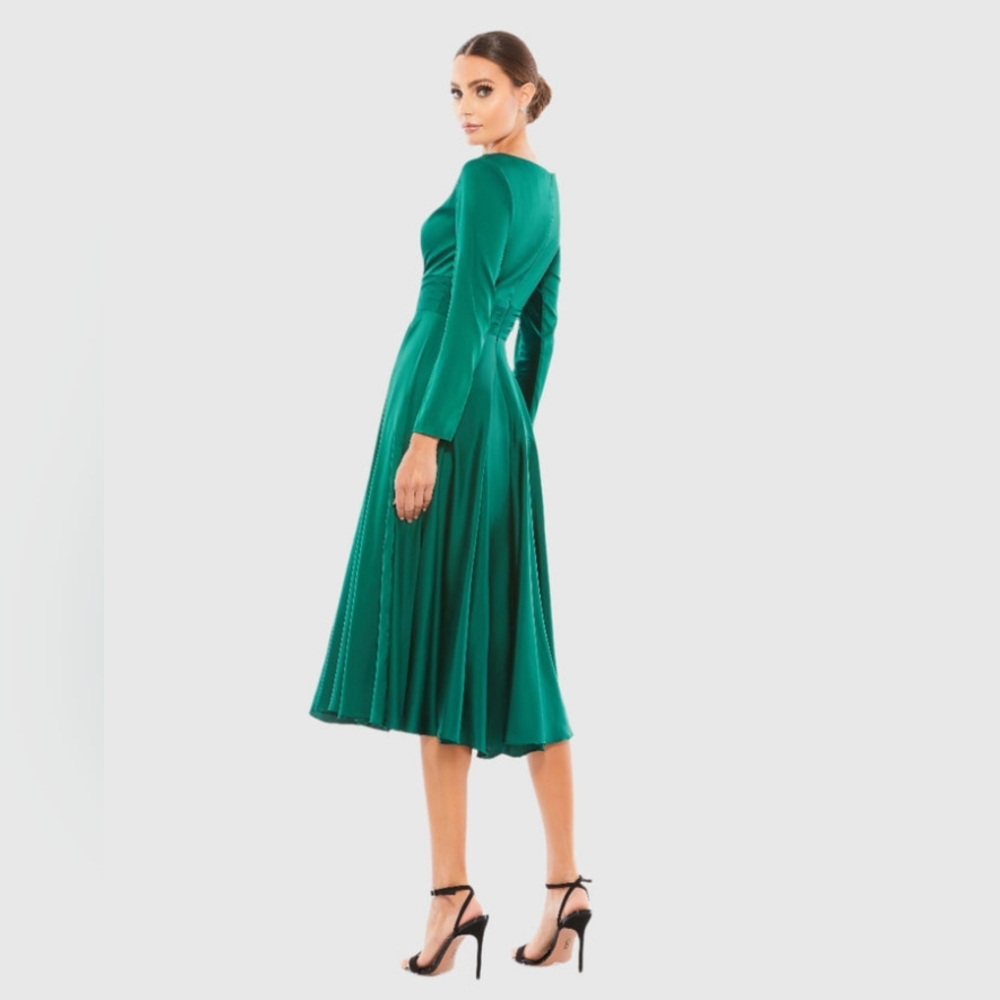 Ieena for Mac DuggalPlunge Neck Satin A-Line Dress - Picture 3 of 5